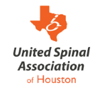 Orange and black United Spinal of Houston logo. Includes an orange graphic of the state of Texas with a stylized wheelchair user.