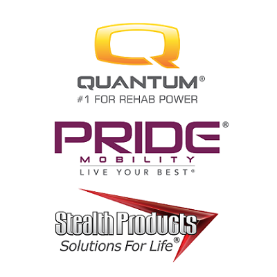 Logos for Quantum Rehab, PrideMobility and Stealth Products
