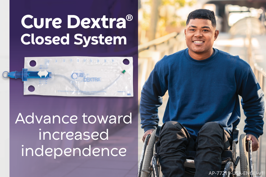 the cure dextra closed system is shown next to a smiling man in a wheelchair