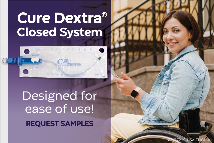 A smiling woman is to the right and a zoomed in image of the Cure Dextra Closed System is to the left