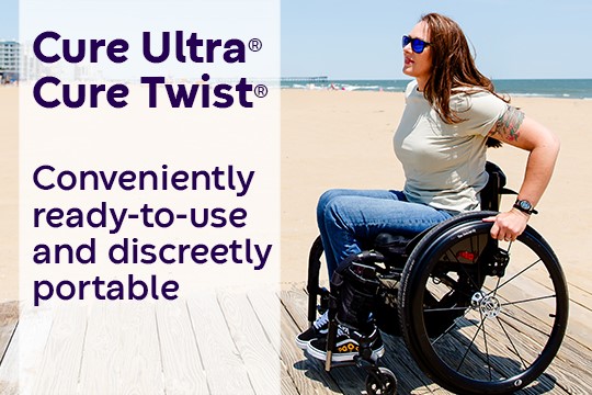 Cure Ultra and Cure Twist, Conveniently ready-to-use and discreetly portable. A woman in a wheelchair rolling on a boardwalk with a beach behind her.