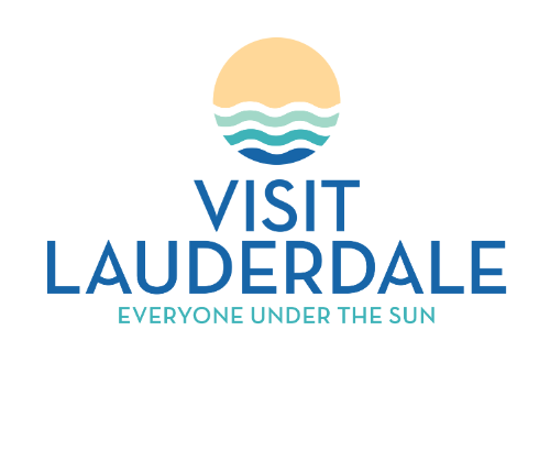 Blue, yellow and aqua Visit Lauderdale logo with the tagline: Everyone Under the Sun. Includes a circular illustration of the ocean waves under a yellow sky.