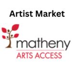 Black Lettering of Matheny with red lettering of Arts Access below it. To the left there is a sapling with red leaves. There is lettering of Artists Market above the logo.