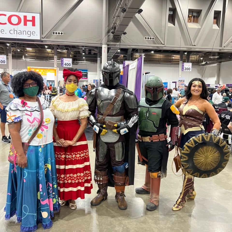 Cosplay at Abilities Expo! Mirabel and Dolores of Encanto, the Mandalorian, Boba Fett and Wonder Woman strike a pose.