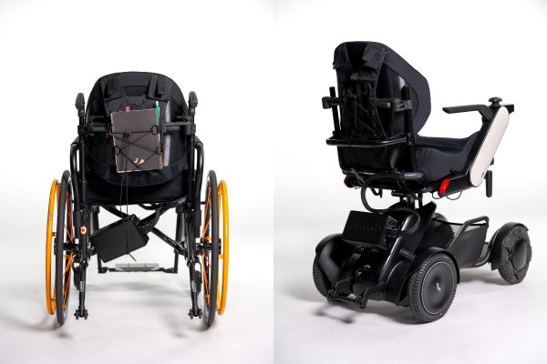 Both the manual wheelchair on the left and the power chair on the right feature the Bondar back support.