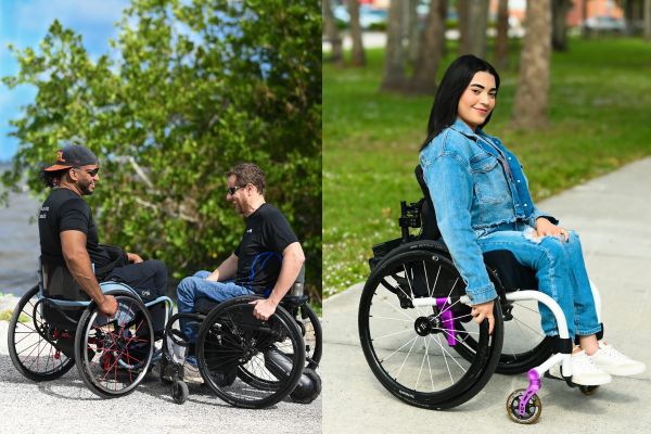 On the left, two wheelchair users are chatting On the right another wheelchair user smiles coyly at the camera. They are all comfortable using their Kalogon Orbiter Med cussion and Bondar back support.