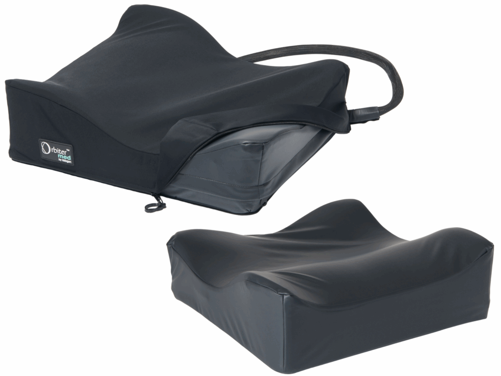 Two Orbiter Med seat cushions from Kalogon from different vantage points. One has an incontinence cover over it.