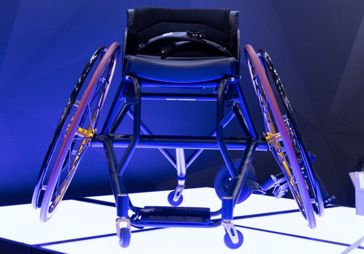 Close up of cool looking RGK wheelchair with cambered wheels at Abilities Expo.