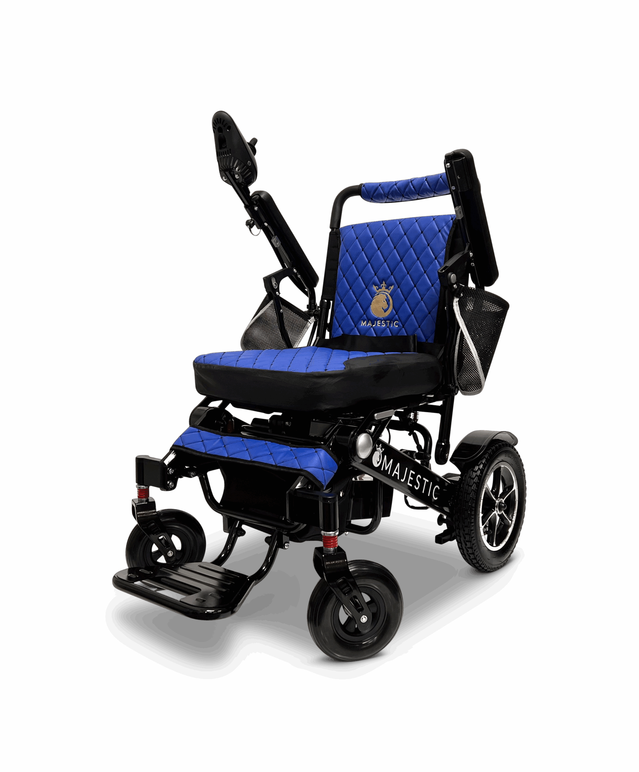 A ComfyGO Majestic IQ-7000 power chair with black frames and blue seat cushions.