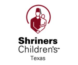 An image of a man holding a child is shown with 'shriners children's texas' reading below it.