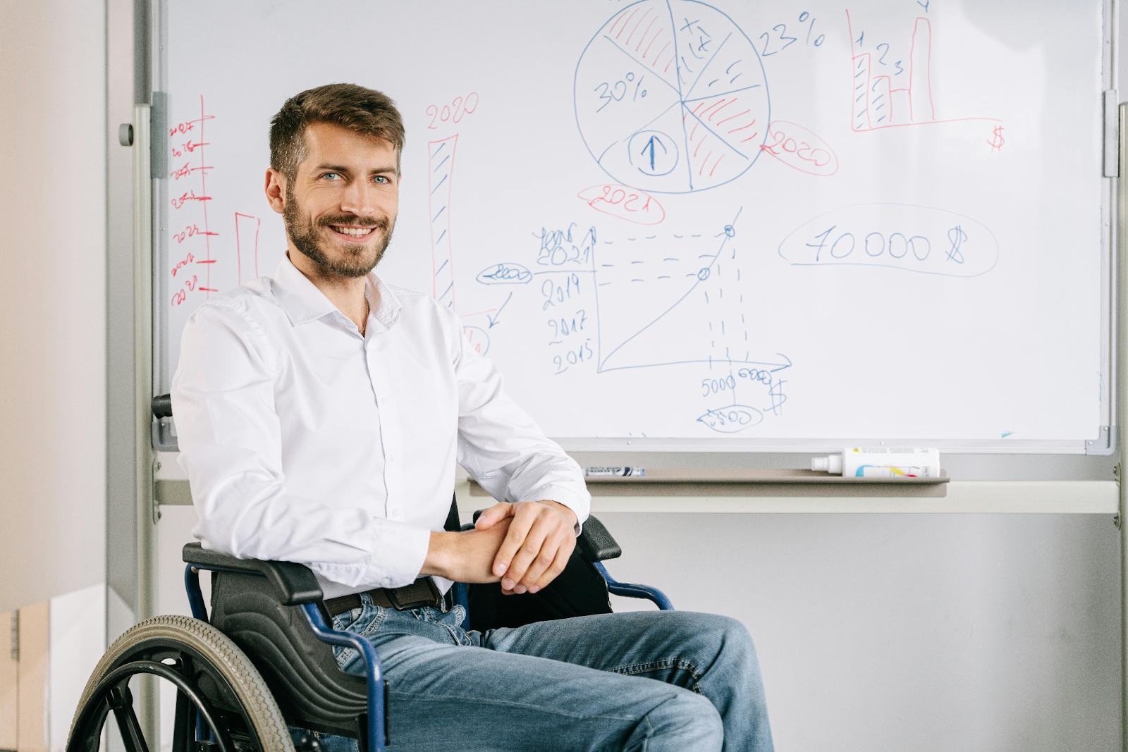 A man in a wheelchair smiling in fornt of a whiteboard with financial equations on it.