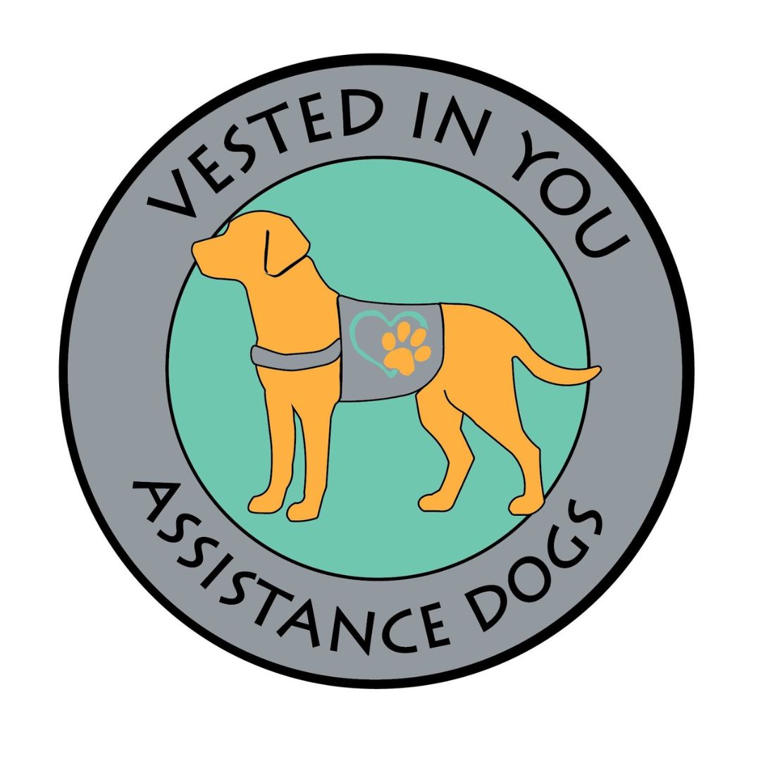 a logo that reads vested in you assistance dogs with a dog in the middle
