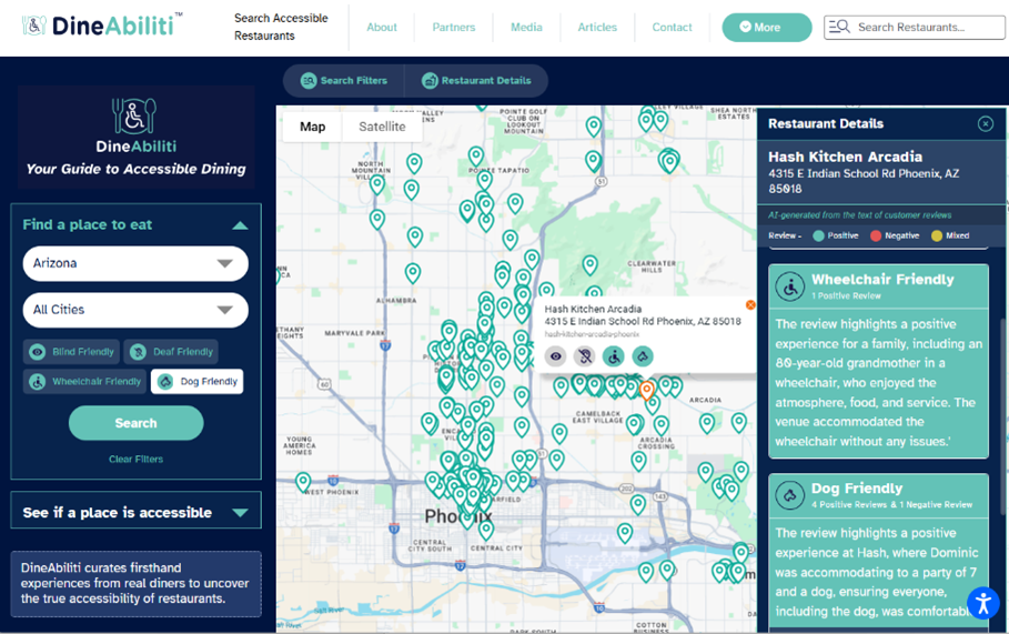 DineAbiliti interface displaying a map displaying locations in the Phoenix area with accessibility information.