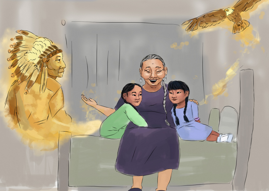 Indigenous graphic of grandma surrounded by two little girls. The three of them are sitting on a bed together.