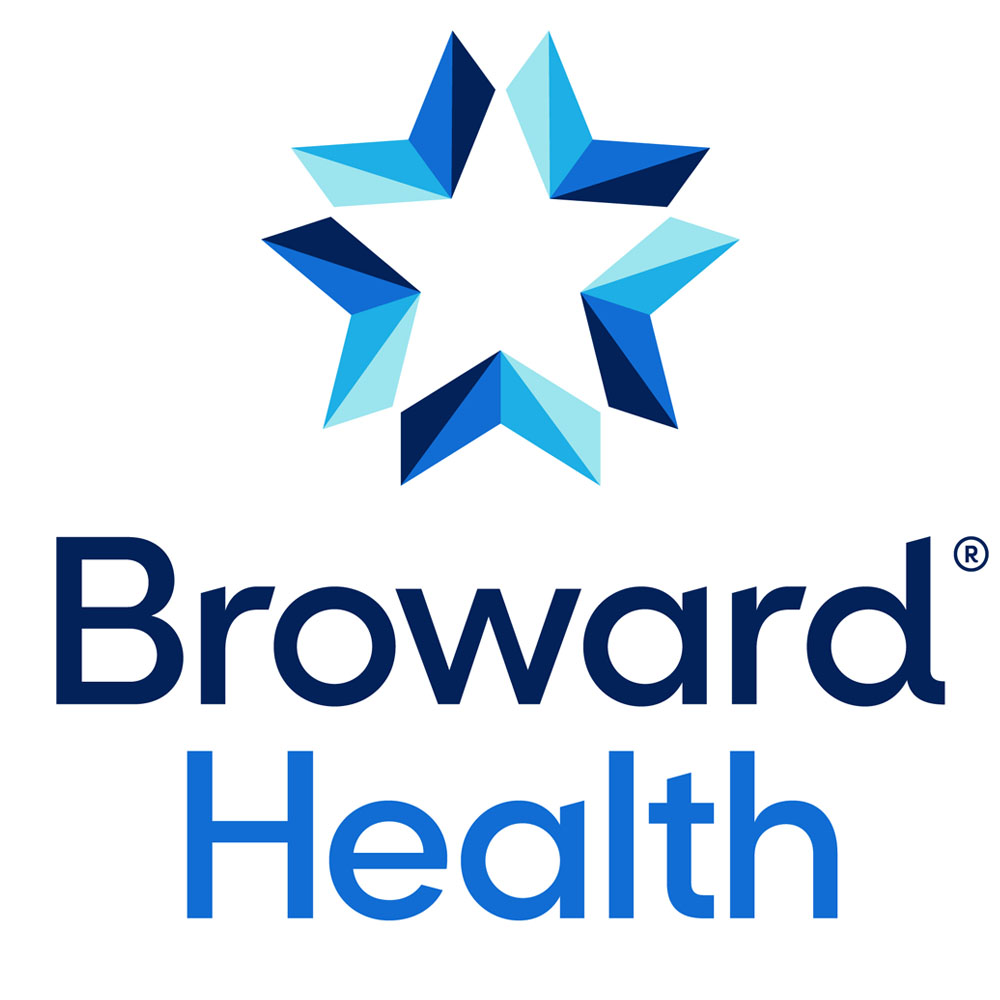 Range of blues make up the Broward Health logo with a star.