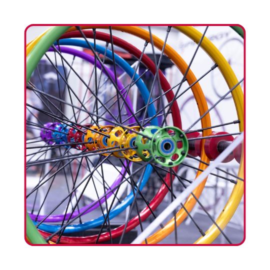 Spinergy Wheels in a rainbow of vibrant colors.