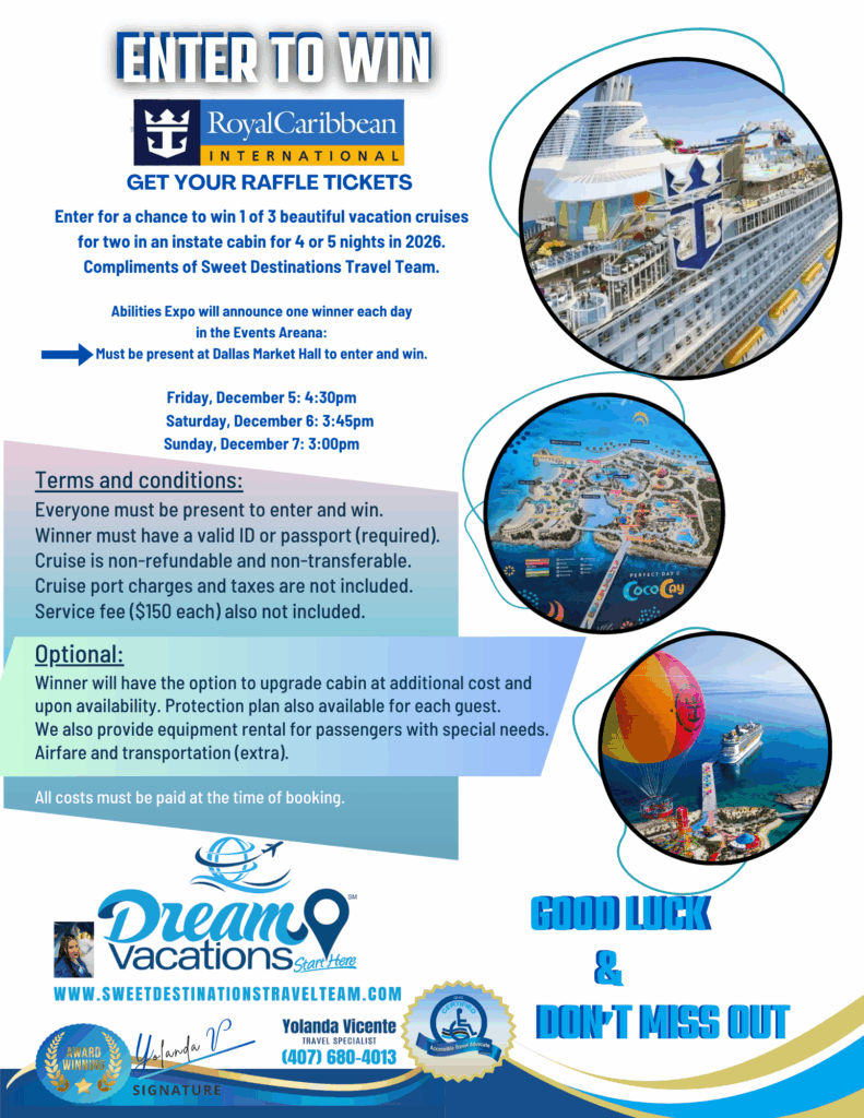 Flyer promoting the 3 Royal Caribbean cruise giveaways at Abilities Expo.