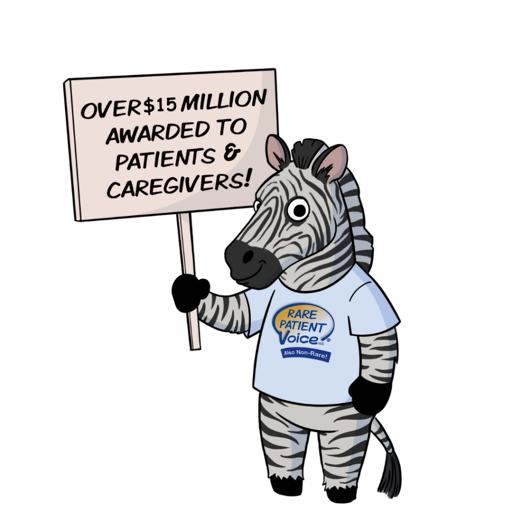 Rarity the Rare patient Voice Mascot holds a sign that says over $15 million awarded to patients & Caregivers
