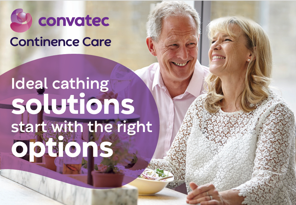 The image reads ' Convatec, Continence Care. Ideal cathing solutions start with the right options.' and shows a smiling elderly couple.
