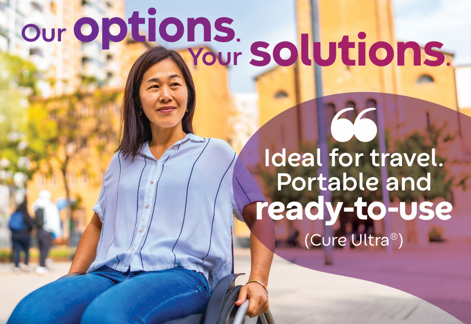 The image reads 'Our options. Your solutuions. Ideal for travel. Prtable and ready-to-use (Cure Ultra) and shows a woman in a wheelchair smiling.
