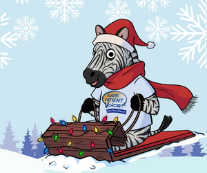 The Rare Patient Voice mascot, a zebra, sits on a decorated slide while wearing a Santa hat and scarf