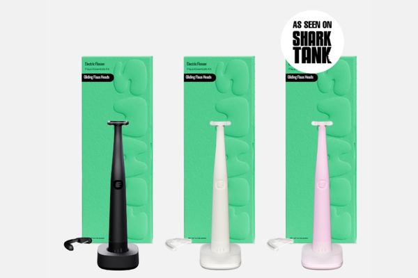 Flaus electric flossers are shown in black, white and pink