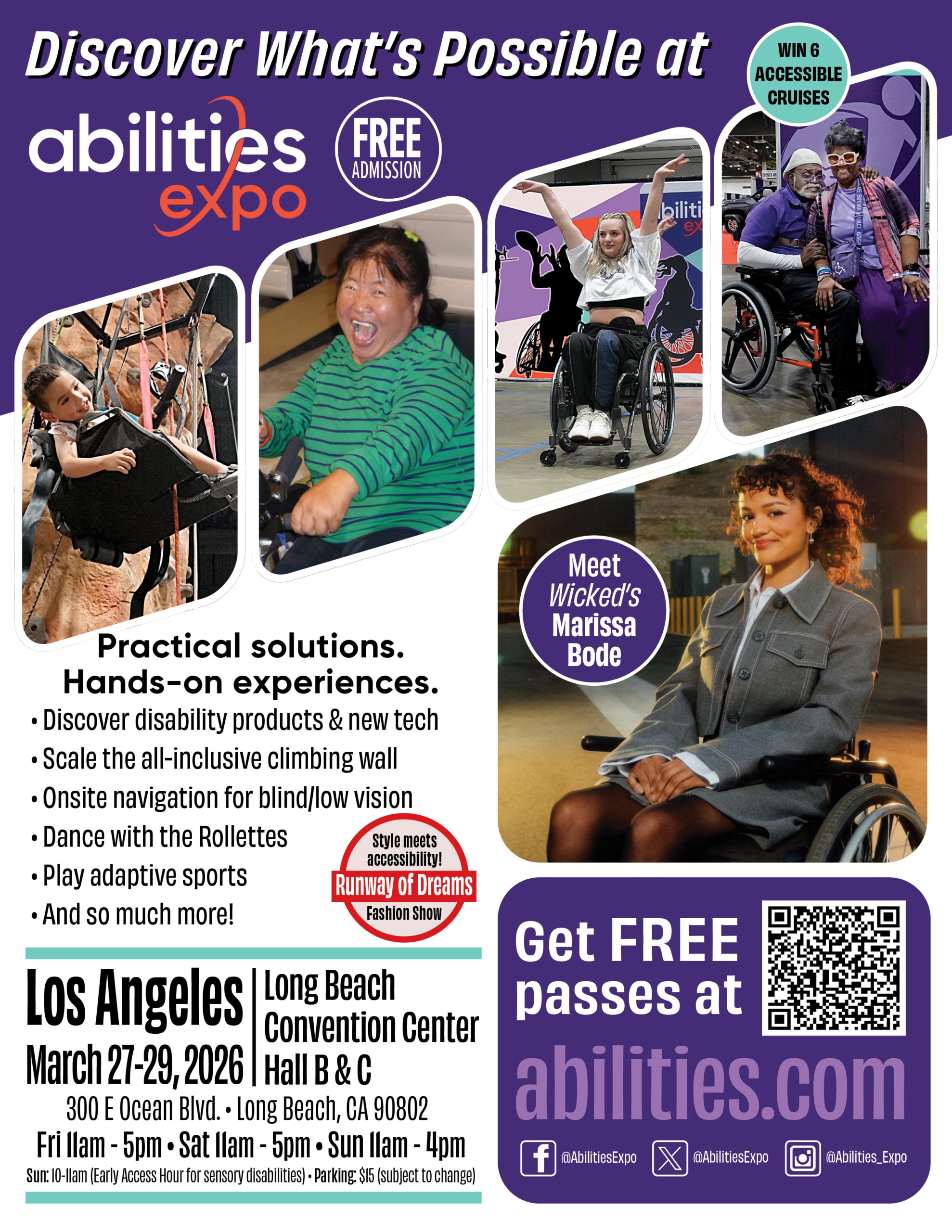 Purple, orange and white flyer of the 2026 Los Angeles Abilities Expo.