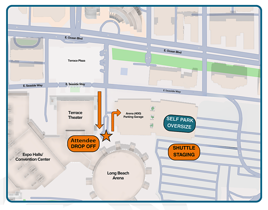 Map of the Long Beach Convention Center area showing attendee drop-off location near the Terrace Theater. Arrows indicate the route from E. Seaside Way to the drop-off point. Nearby landmarks include the Arena Parking Garage (400), Long Beach Arena, Expo Halls/Convention Center, and designated areas for self-parking oversized vehicles and shuttle staging.