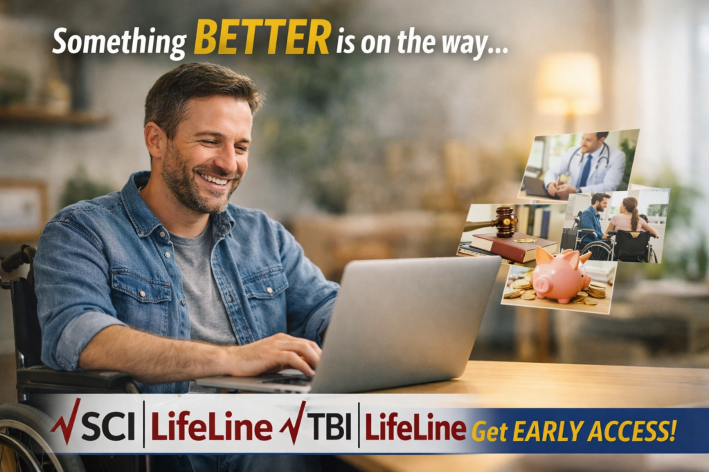 Image of a smiling man using a laptop while seated in a wheelchair in a warm indoor setting. Text reads “Something BETTER is on the way…” with small images representing medical care, legal support and financial planning floating nearby. A banner along the bottom features the SCI/LifeLine and TBI/LifeLine logos side by side and the call to action “Get EARLY ACCESS!”