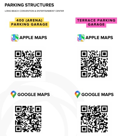 QR codes for directions to the Arena parking and Terrace Parking Garage at the Long Beach Convention Center.