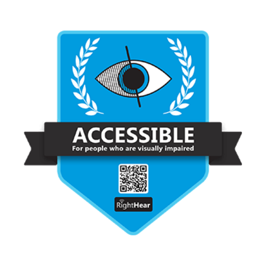 Blue accessibility badge with an eye icon and laurel branches reading “Accessible for people who are visually impaired,” with a QR code and the RightHear logo.