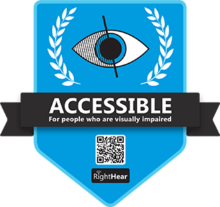 Blue accessibility badge with an eye icon and laurel branches reading “Accessible for people who are visually impaired,” with a QR code and the RightHear logo.