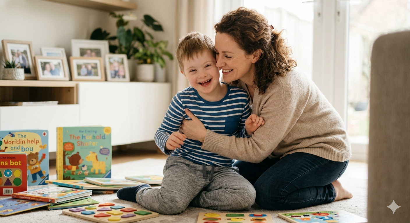 Mother kneeling on the floor hugging and smiling with her young son with Down syndrome, surrounded by children’s books and toys in a cozy living room.