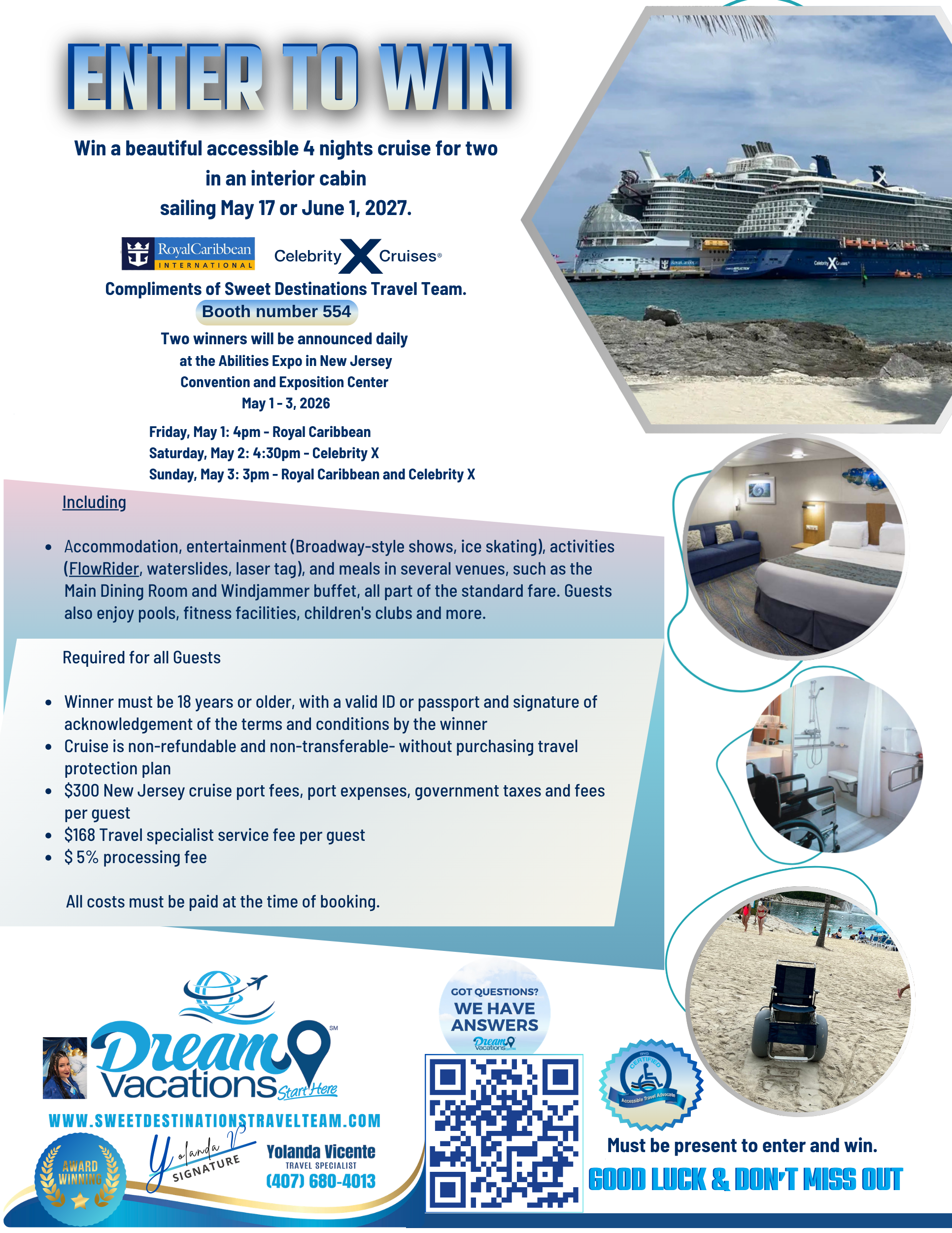 Promotional flyer for the six cruise giveaway with Sweet Destinations Travel Team