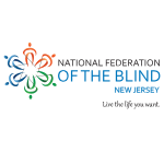 National Federation of the Blind of New Jersey logo in green, blue, back and orange with a stylized flower. Tagline: Live the life you want.