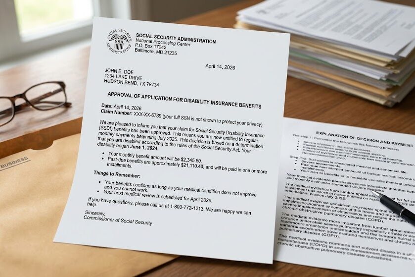 Close-up of a Social Security Disability Insurance approval letter on a desk with glasses, an envelope and paperwork nearby.