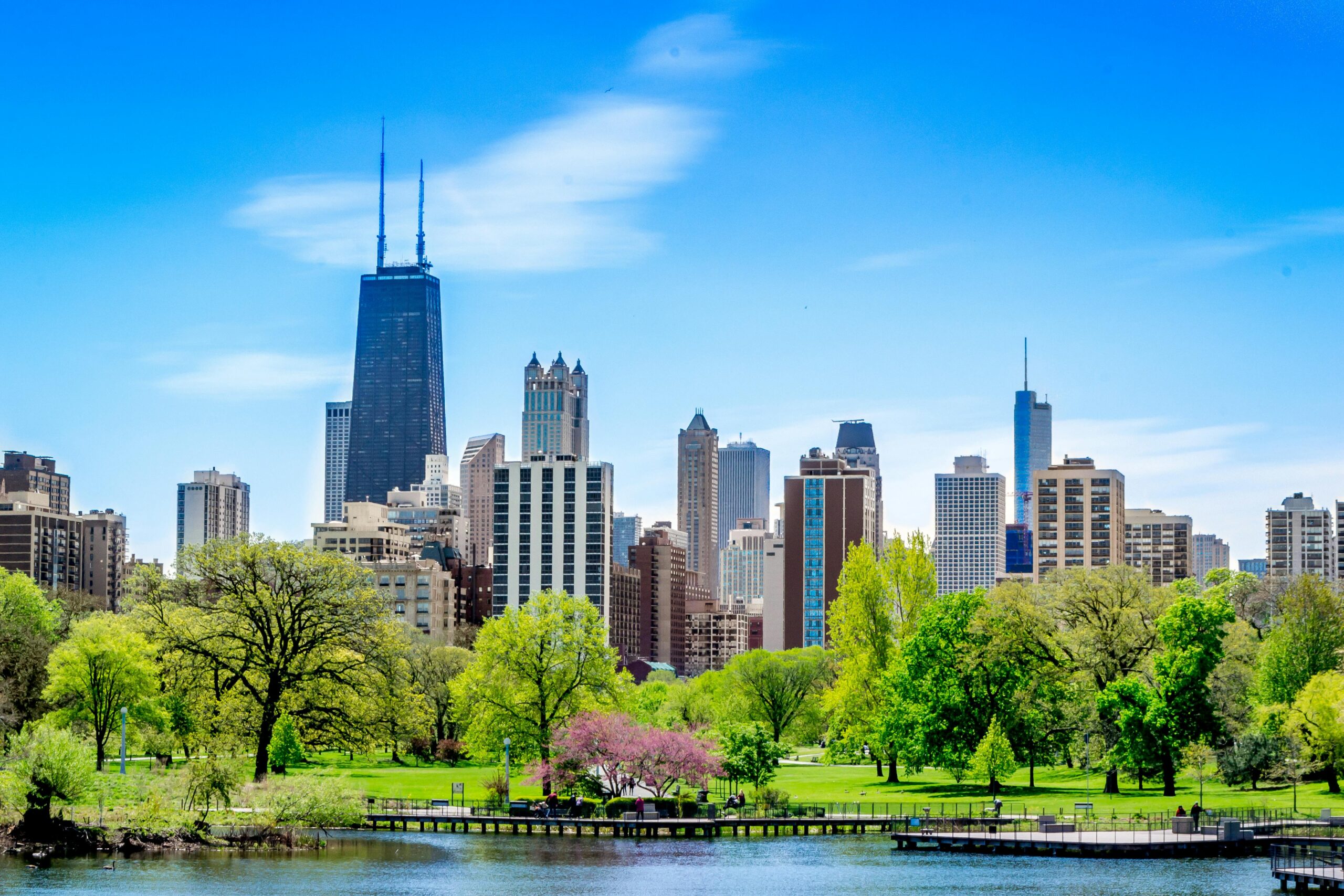 Daytime view of the Chicago skyline rising behind a lush green park and calm pond, with trees in full bloom beneath a bright blue sky.
