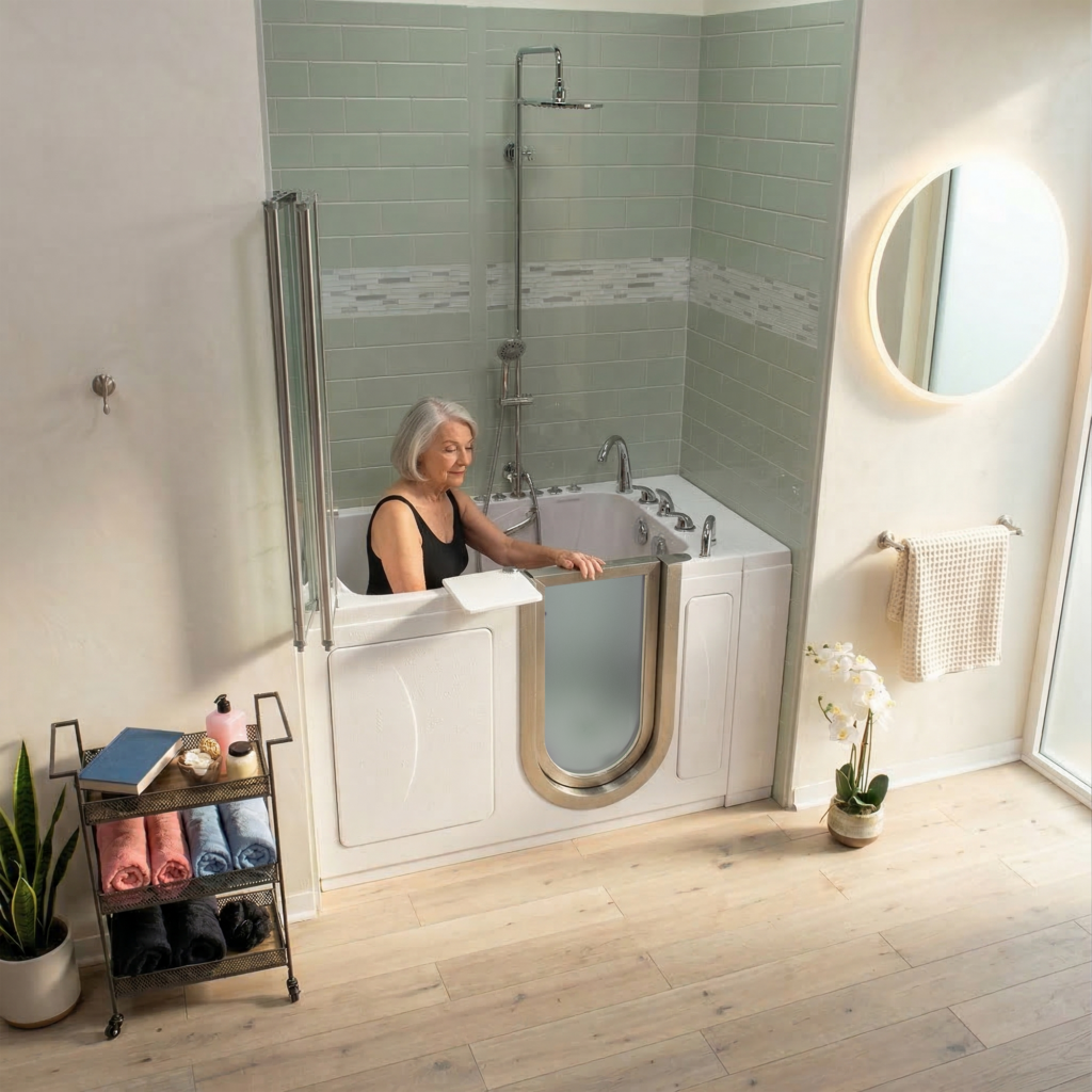 Older woman relaxing in a modern Ella’s Bubbles walk-in tub with frosted glass door, handheld shower and tiled shower surround in a bright contemporary bathroom.