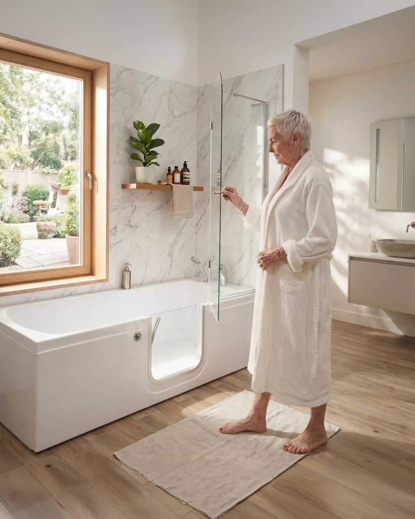 Senior woman in a white robe standing beside an Ella’s Bubbles lay-down walk-in tub with glass shower screen in a spacious spa-inspired bathroom with marble walls and natural light.