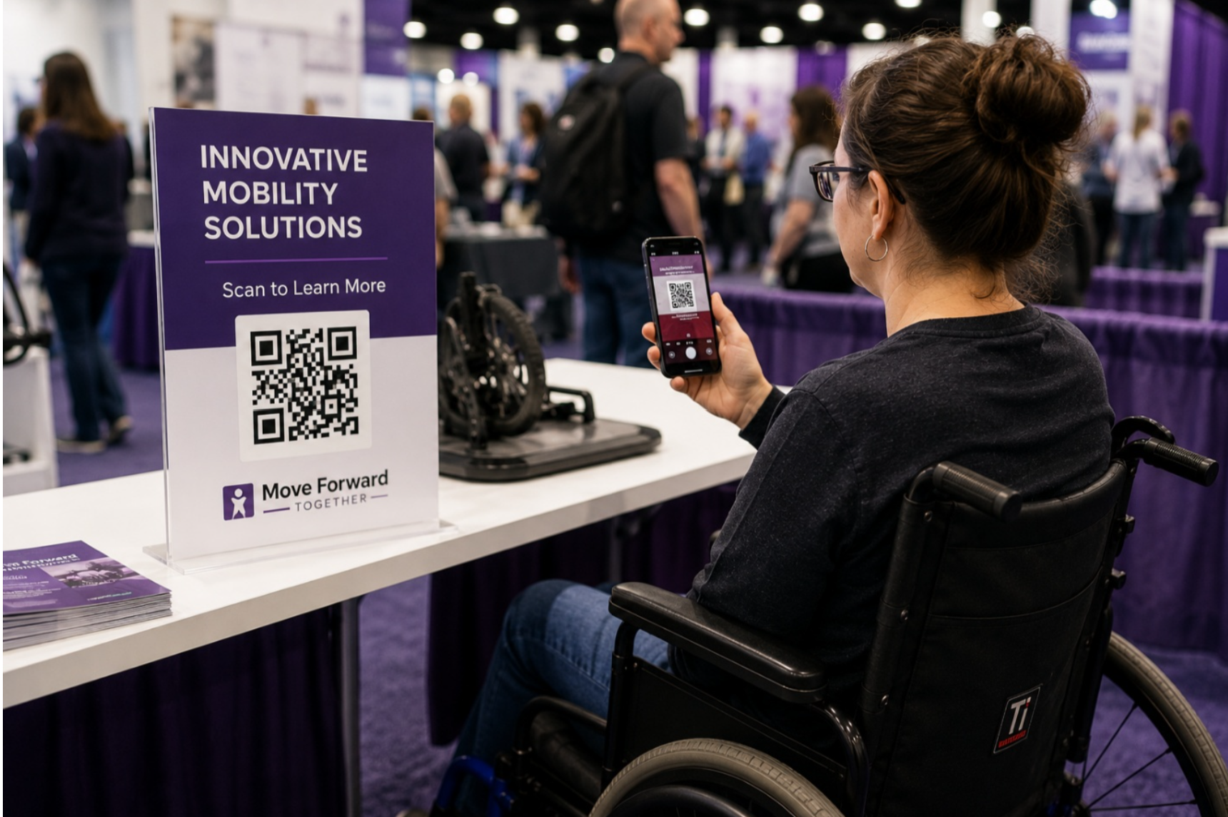 A woman holding her phone up to a QR code.