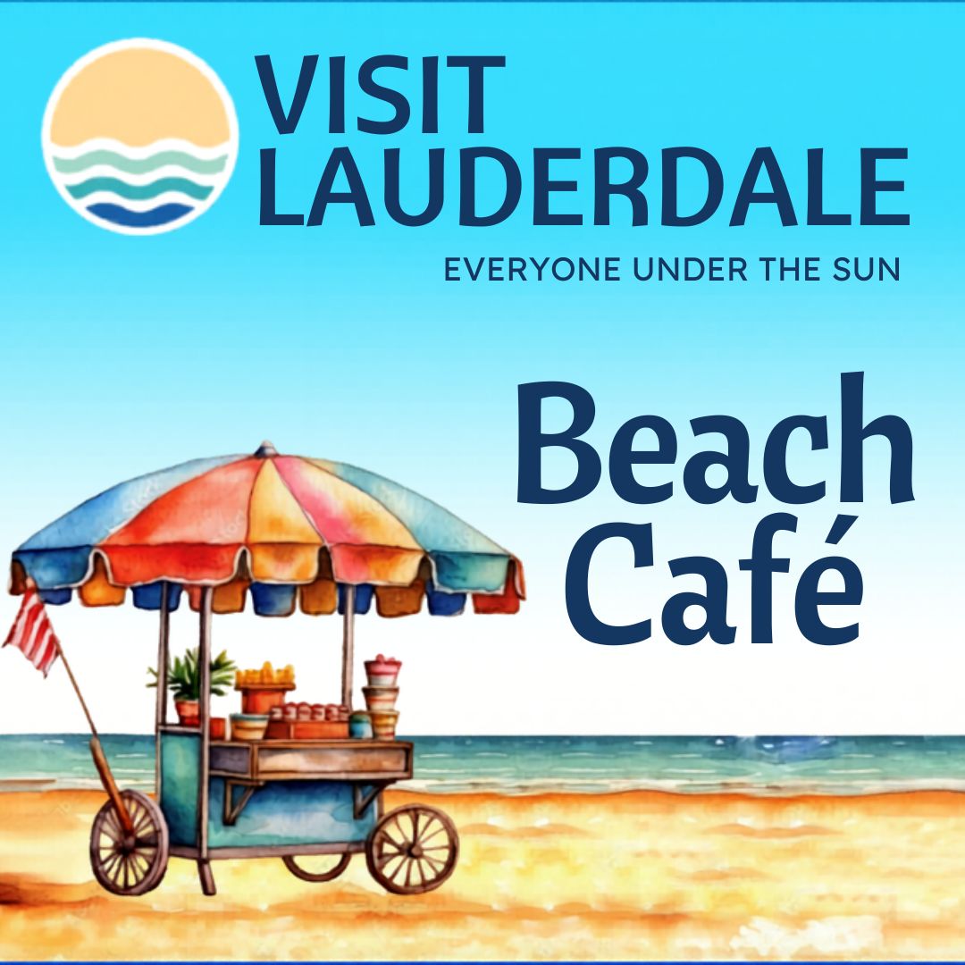Painting of a shoreline with the Visit Lauderdale: Everyone Under the Sun logo as well as an ice cream stall with an umbrella.