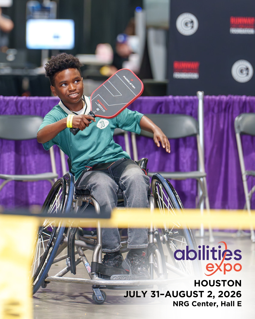 A young boy plays adaptive pickleball. The bottom corner reads 'abilities expo Houston, July 31-august 2, 2026, NRG Center, Hall E.'