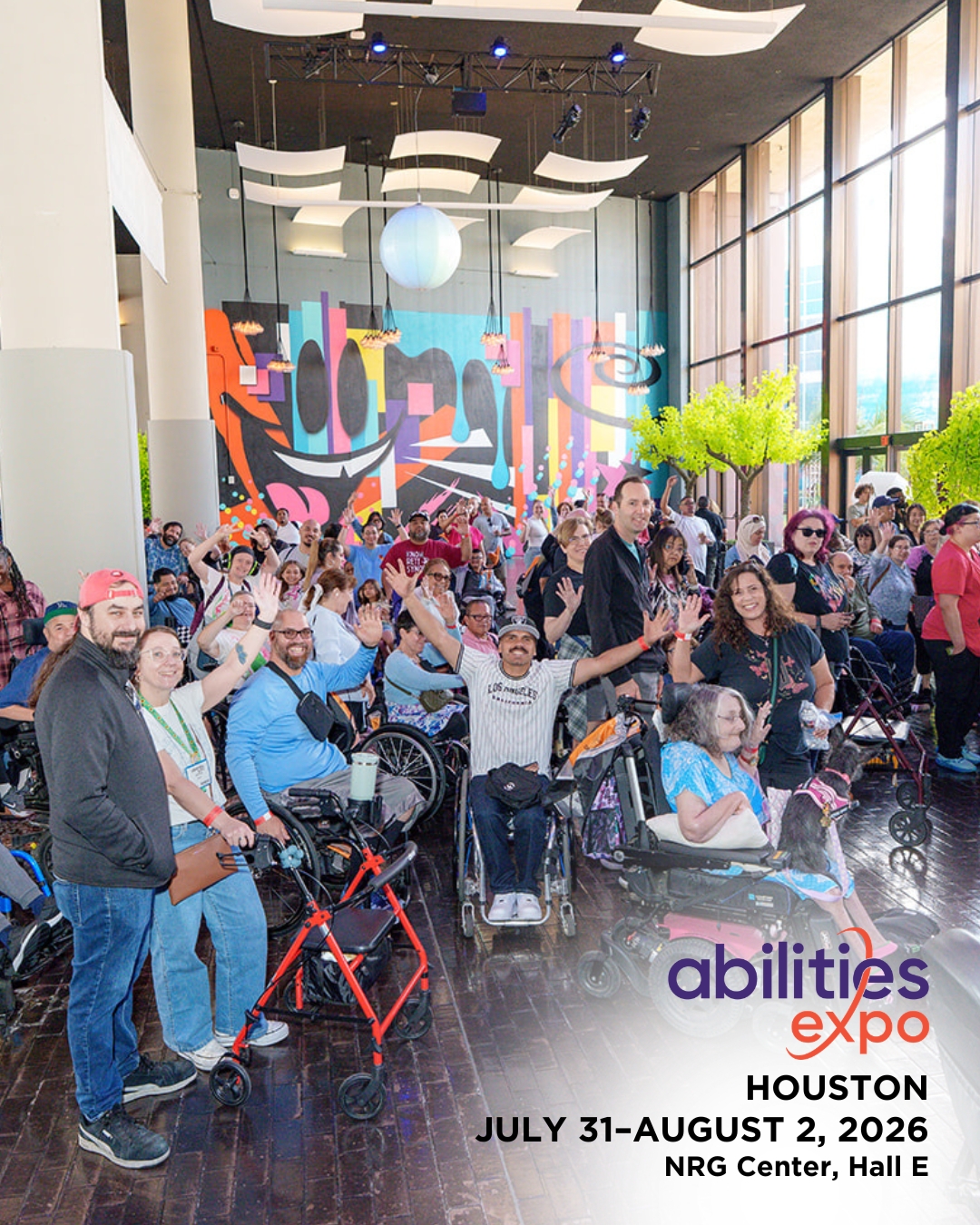 A group of Abilities Expo attendees smile for a photo. The bottom corner reads 'abilities expo Houston, July 31-august 2, 2026, NRG Center, Hall E'
