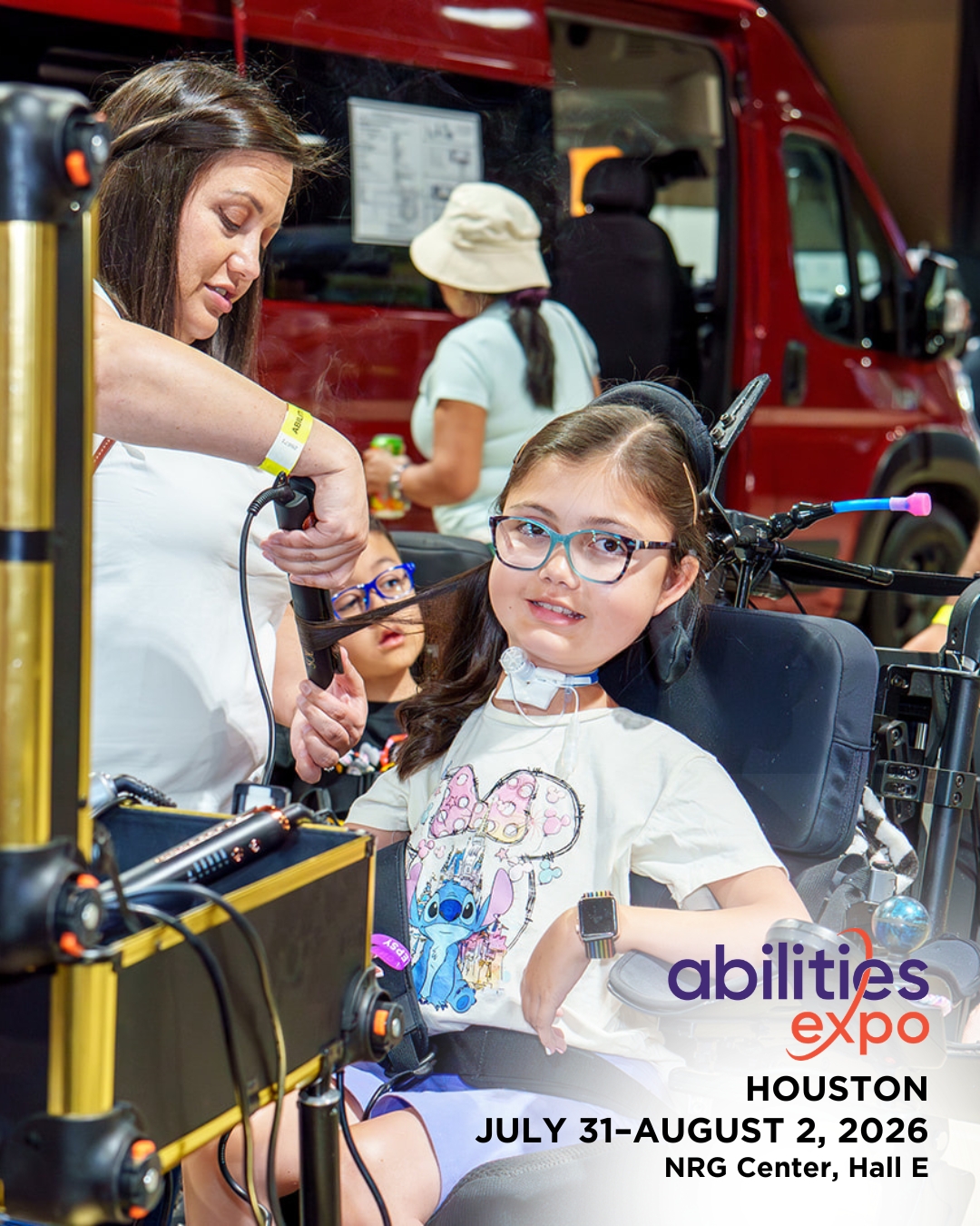 A young girl checks out the adaptive tech at Abilities Expo. The bottom corner reads 'abilities expo Houston, July 31-august 2, 2026, NRG Center, Hall E.'
