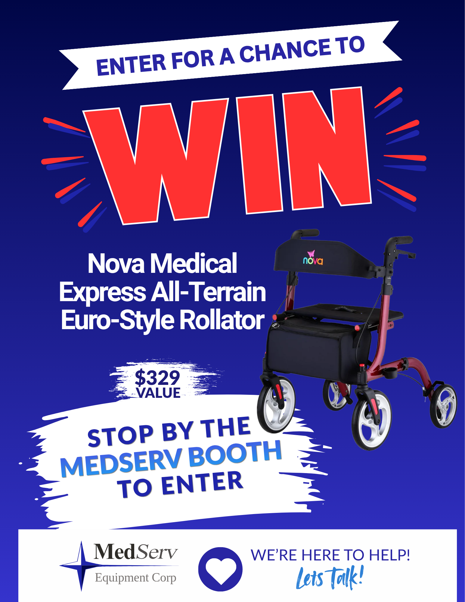 A promotion flyer for MedServ's free raffle giving away a rollator