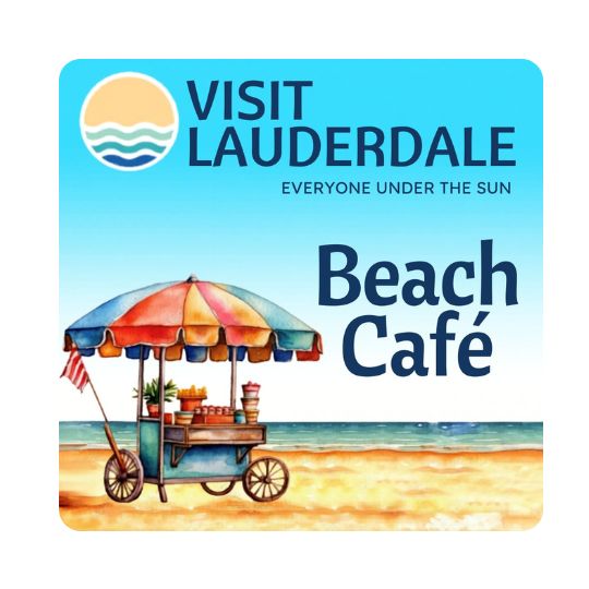 Painting of a shoreline with the Visit Lauderdale: Everyone Under the Sun logo as well as an ice cream stall with an umbrella.