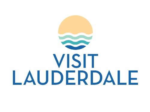 Blue, yellow and aqua Visit Lauderdale logo with the tagline Includes a circular illustration of the ocean waves under a yellow sky.