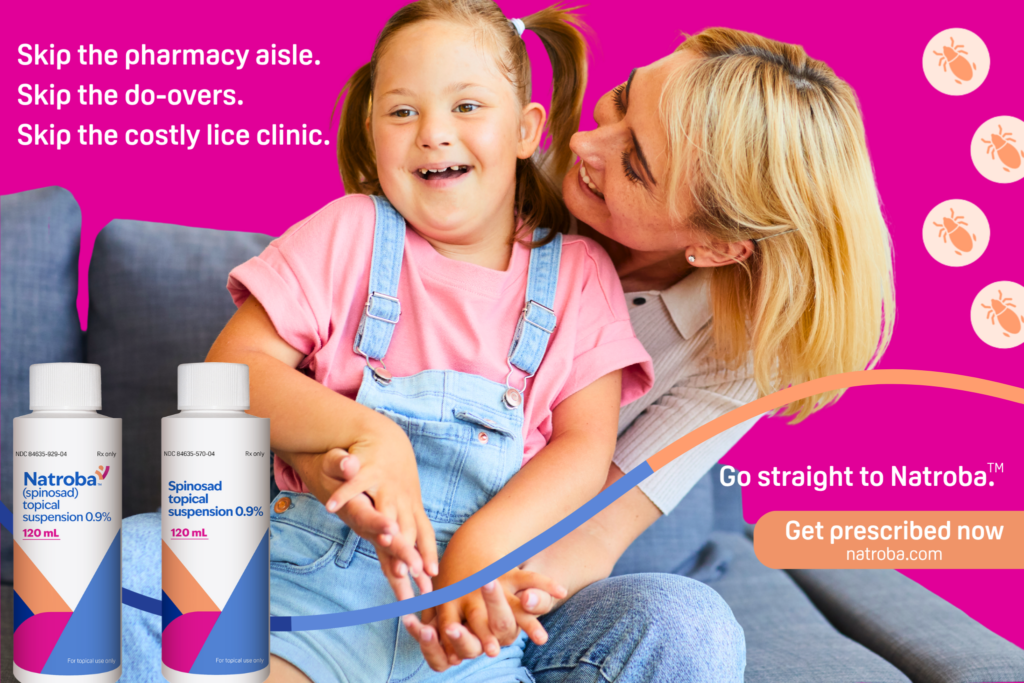 A mom hugs her daughter. The image promotes information about a Lice Shampoo