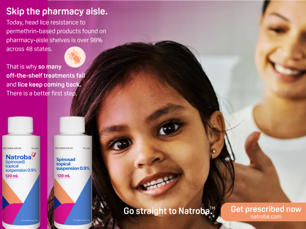 Advertisement for Natroba featuring a smiling child and two Natroba spinosad topical suspension bottles. Text highlights lice resistance to permethrin-based products and promotes Natroba as a prescription treatment.