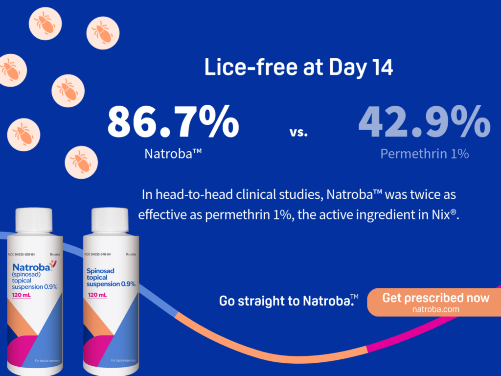 Natroba advertisement comparing lice-free results at day 14, showing 86.7% for Natroba versus 42.9% for permethrin 1%, with images of Natroba and spinosad topical suspension bottles and a "Get prescribed now" call to action.
